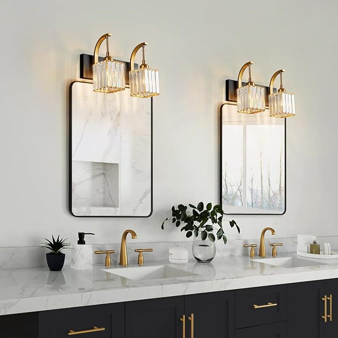 Crystal Vanity Lights 2-Light Black Gold Wall Lamp Modern Crystal Bathroom Light Fixtures Over Mirror 13.77" Long Bathroom Wall Sconce
