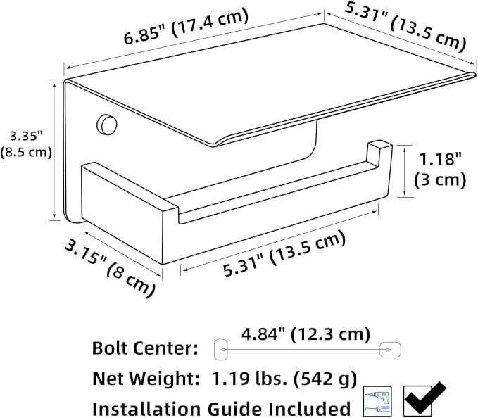 APLusee Brushed Nickel Toilet Paper Holder with Phone Shelf, 304 Stainless Steel Toilet Tissue Roll Holder, Wall Mounted Bathroom Paper Roll Dispenser