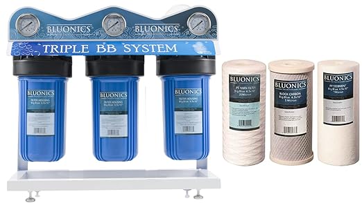 Bluonics Whole House Water Purifier - 3 Stage Filter System for Rust, Iron, Sand, Dirt, Sediment, Bad Taste/Odor Reduction