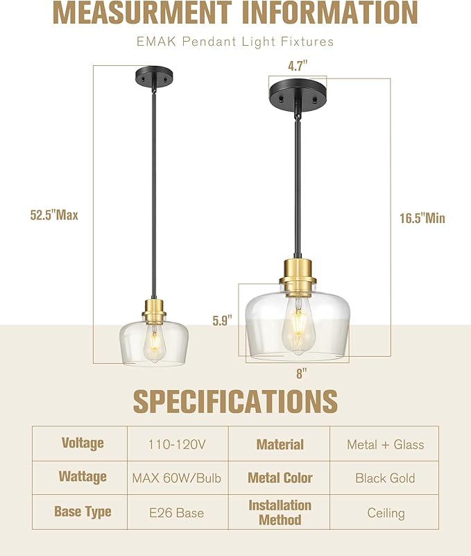 Emak 2 Pack Black Gold Pendant Lights Kitchen Island, Modern 8 Inch Clear Glass Pendant Light, Farmhouse Island Lights for Kitchen, Bathroom, Dining Room, PL122-BKBGD-CG-2PK