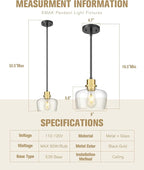 Emak 2 Pack Black Gold Pendant Lights Kitchen Island, Modern 8 Inch Clear Glass Pendant Light, Farmhouse Island Lights for Kitchen, Bathroom, Dining Room, PL122-BKBGD-CG-2PK