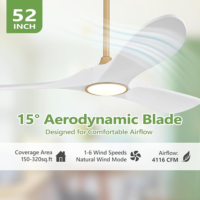 52 Inch Ceiling Fans with Lights and Remote, Dimmable 3 Blade Wood Outdoor Ceiling Fan for Patios Low Profile Modern Ceiling Fan with Light for Bedroom Living Room Indoor Gold White
