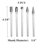 5pcs Tungsten Carbide Burrs Set with 1/4''Shank Double Cut Extended Long Solid Power Tools Carbide Rotary Files Bits for Die Grinder Metal Wood Carving Engraving Polishing Drilling Grinding Milling