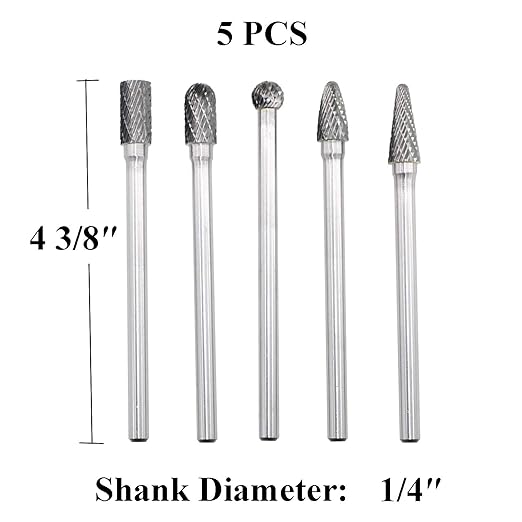 5pcs Tungsten Carbide Burrs Set with 1/4''Shank Double Cut Extended Long Solid Power Tools Carbide Rotary Files Bits for Die Grinder Metal Wood Carving Engraving Polishing Drilling Grinding Milling