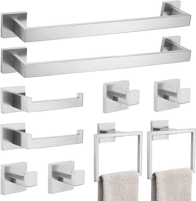 TNOMS Brushed Nickel 10-Piece Bathroom Hardware Accessories Set-Towel Bar & Holder Set for Bathroom,SUS304 Stainless Steel Bathroom Accessories Set Wall Mounted,16-Inch
