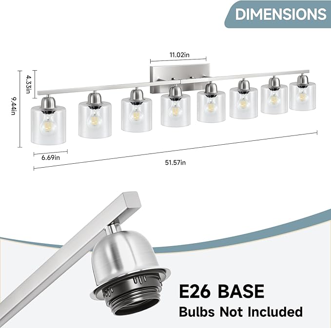 Modern Brushed Nickel 8 Light Bathroom Light Fixtures,52 inch Vanity Lights for Bathroom with Clear Glass for Mirror Kitchen Living Room Hallway Cabinet Porch