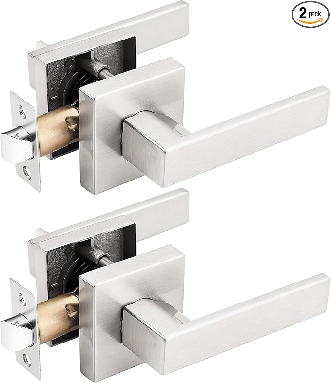 Gobrico 2 Pack Square Door Levers,Hall Closet Door Locksets, Passage Door Handles,Satin Nickel Finished
