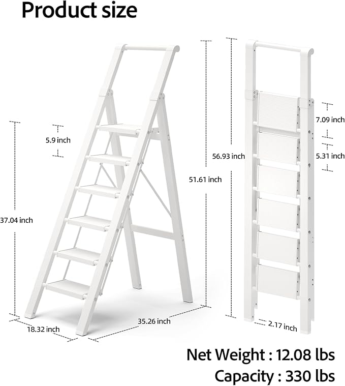 6 Step Ladder, Aluminum Folding Step Stoowith Convenient Handgrip,Lightweight 330lbs CapacityStep Ladder for Household, Ofice, Kitchen(White)
