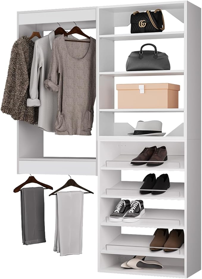 ROOMTEC Modular Closet System, 61" Wall Mounted Closet Organizer with Hanging Rods and Shoe Shelf, Wooden Tower for Walk-In Closets, Wardrobe Storage Kit, White