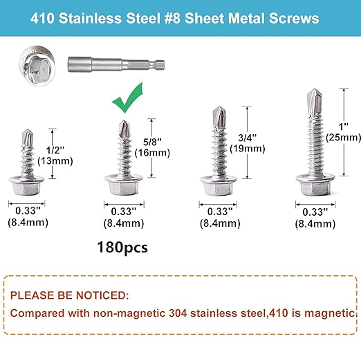 QSJ 180 PCS #8 x 5/8'' Sheet Metal Screws 410 Stainless Steel Hex Washer Head Fast Self Tapping Screws with Screwdriver
