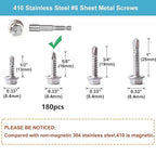 QSJ 180 PCS #8 x 5/8'' Sheet Metal Screws 410 Stainless Steel Hex Washer Head Fast Self Tapping Screws with Screwdriver