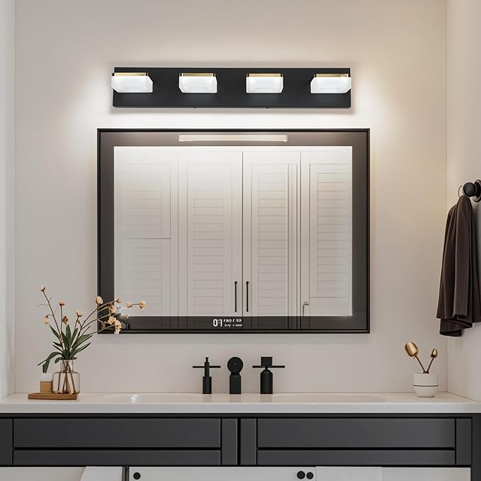 4-Light Dimmable LED Bathroom Vanity Fixture in Black/Gold with White Acrylic Shades, Rotatable Head, Sconce-Style Over-Mirror Lighting 5500K