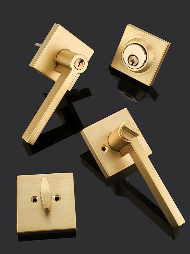 3 Sets Entry Door Handle and Single Cylinder Deadbolt Lock and Key Combo Pack - Heavy Duty Square Locking Lever Set - Interior/Exterior Door Levers in Satin Brass Finish