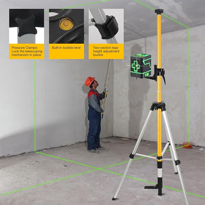 Laser Level Pole with Adjustable Mount 1/4-Inch by 20-Inch, 12 FT/3.7M Adjustable Telescoping Laser Pole with 5/8''-11 Thread Adapter for Rotary and Line Lasers (Without Tripod)