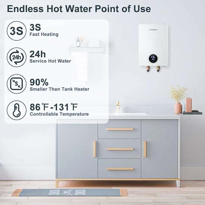 Tankless Electric Water Heater, ECOTOUCH 18kW Instant Water Heater On Demand 240V Under Sink Water Heaters Point of Use with ETL Certificated Self-Modulation ECO180S White