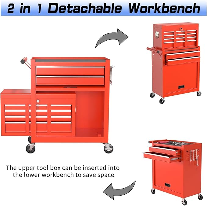 8 Drawer Rolling Tool Chest, High Capacity Tool Box with Lockable Wheels and Drawers, 2 in 1 Portable Toolbox Organizer Storage Cabinet for Garage, Warehouse, Repair Shop, Red