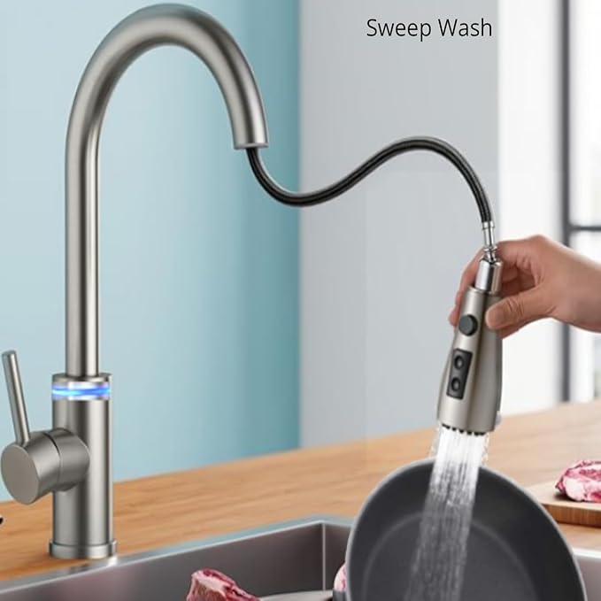 Smart Kitchen Faucet, 3 Modes Pull Down Sprayer, Touch On Sensor Activated, LED Temperature Control, 360-Degree Rotation, 1 or 3 Hole Deck Plate. 10-Year Warranty. (KW-70SN, Brushed Nickel)