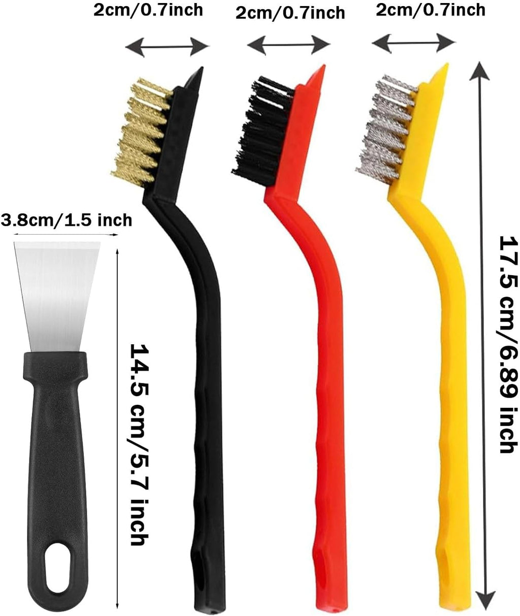 Crevice Cleaning Brush, Hard Bristle Crevice Cleaner Brush, Small Metal Wire Brush with Curved Handle Grip for Rust, Dirt Paint Cleaning, Paint and Stain (Yellow, Red, Black, 4 Pack)