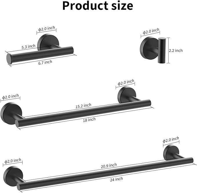 Newfun 10 Piecess Matte Black Bathroom Hardware Set - Includes 24inch Towel Bar, Robe Hook, Toilet Paper Holder, Bathroom Accessories Set Stainless Steel Wall Mounted (Matte Black)