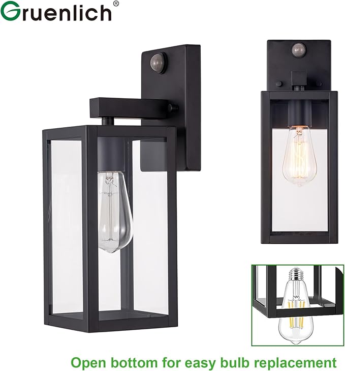 GRUENLICH Dusk to Dawn Large Outdoor Wall Lantern, PIR Motion Sensor Wall Sconce, E26 Base Max 60W, Metal Housing Plus Glass, Matte Black Finish, Bulb Not Included, 2-Pack