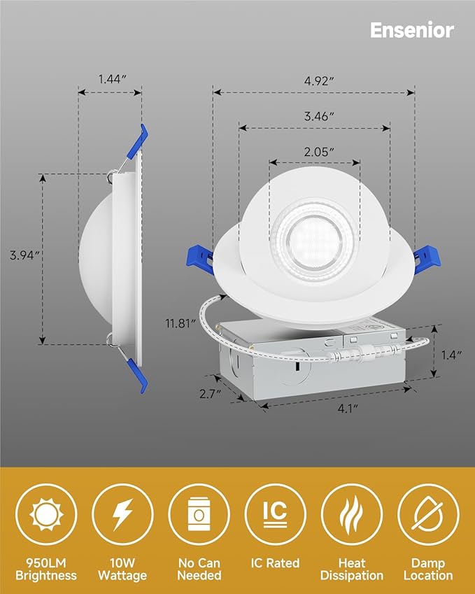 Ensenior 12 Pack 4 inch 5CCT LED Gimbal Led Recessed Light with Junction Box, 360°+90° Adjustable Directional Eyeball Lighting, Dimmable, 2700K/3000K/3500K/4000K/5000K, 950LM, 10W=85W-ETL&FCC