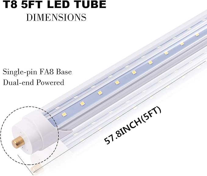 12-Pack 5FT 48W T8 LED Tube Light FA8 Single Pin Base Daylight 6000k V-Shaped Double Row LED Chips 5 Foot LED Bulbs to Replace T8 T10 T12 Fluorescent Light, ETL Listed