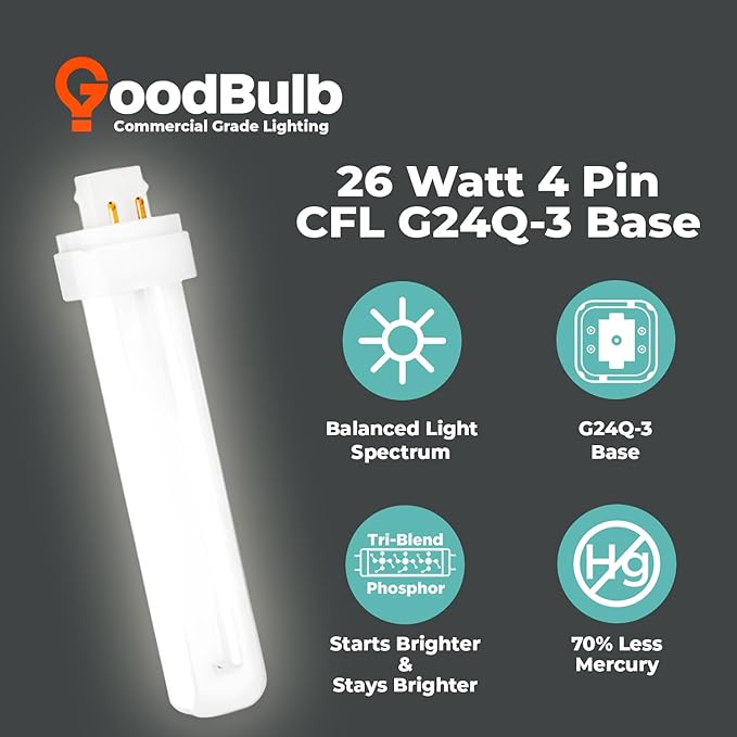 GoodBulb 26 Watt CFL Light Bulbs 4 Pin G24Q-3 Base 4100K Cool White 26W High Output 1800 Lumens Double Tube Compact Fluorescent Light Bulbs Plug-in 10 Pack