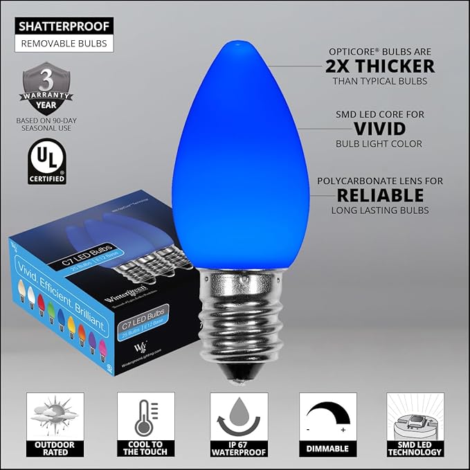 Wintergreen Lighting OptiCore C7 LED Christmas Light Bulbs - 25 Pack Heavy Duty Premium Outdoor Christmas Lights, E12 Base (Blue Smooth)
