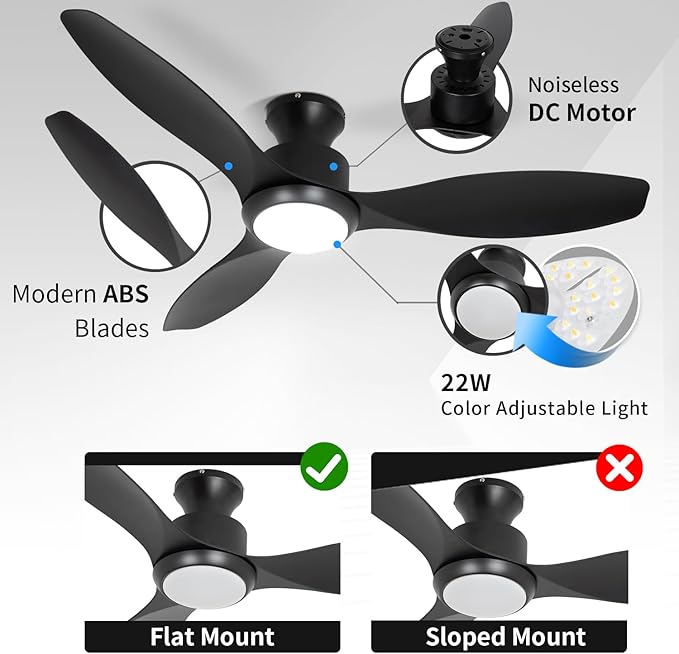 48" Ceiling Fan with Light amd Remote, Black Flush Mount Ceiling Fan with 3 Blades,3 Color Light, 6 Speed, Queit DC Motor, for Indoor/Outdoor/Bedroom/Living Room/Patios, Black