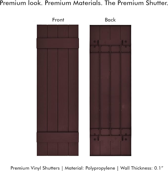 Board & Batten Vinyl Shutters (1 Pair) | 14.5"x43" (4-Board) - Dark Cherry Mocha | Exterior Window Shutters | Includes Mounting Hardware | Simple Installation | Made in USA