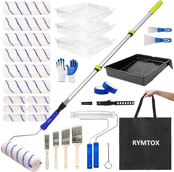 33PCS Paint Roller Kit with Extension Pole | 2–4 FT Pole | 9" & 4" Paint Rollers | Carry Bag | 4 Brushes & Tape | Professional Painting Supplies & Paint Brushes Set for Walls Ceilings and Home