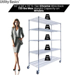 60"x24"x72" Chrome 5-Tier PREMIUM Wire Shelving NSF 4000 LBS MAX CAPACITY Heavy Duty Steel Storage Rack for Warehouses, Garages, Hospitals, Commercial Spaces, & Schools w/PREMIUM WHEELS
