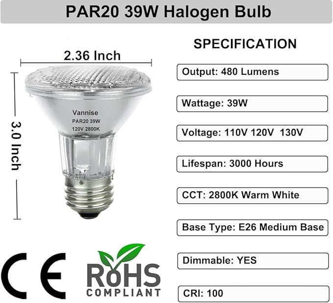 PAR20 Flood 39W 120V 480 Lumens, 6pcs High Output PAR20 Halogen Light Bulb Warm White 2800K, 39W PAR 20 Dimmable with E26 Base, Long Lasting PAR 20 Flood Light Bulb for Indoor Outdoor