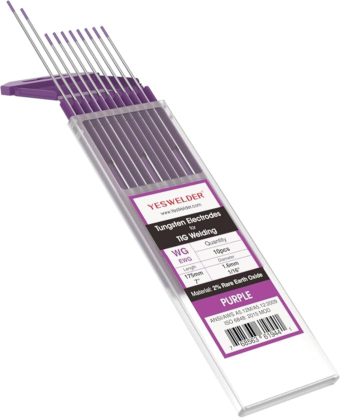 YESWELDER TIG Weld Tungsten Electrode 1/16"x 7" 10-pk, NonRadioactive Comparable to E3 Purple