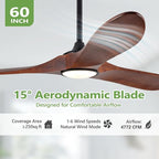 60 Inch Ceiling Fan with Lights,3CCT,Dimmable Mordern Wood Ceiling Fan with Remote for Indoor Farmhouse Bedroom Living Room Outdoor Patio Porch, Reversible DC Motor, Noiseless,Dark Walnut