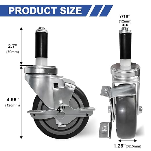 MySit 4 Inches Prep Table Wheels Set of 4, Expanding Stem Casters with Side Brake Fit 7/8", 1", 1-1/8", 1-1/4", 1-3/8"ID Tube Pipe Legs for Stainless Steel Kitchen Cart, Wire Shelving Racks