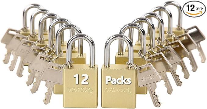 SEPOX® 12 Pcs Ultra-Durable Anti-Rust Outdoor Padlocks - Gold Aluminum, 38mm (1-1/2") with Long Shackle & 24 Same Keys, Ideal for Gate, Storage, Locker, Fence & Lock-Out, High Security
