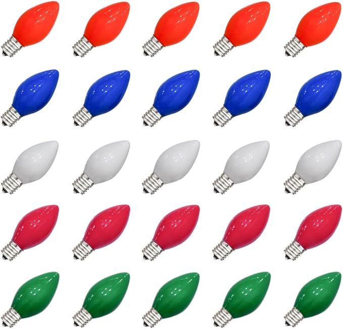 SUNSGNE 25 Pack C7 Multicolor Christmas Replacement Bulbs, Vintage Multicolor Ceramic Light Bulbs for C7 Christmas String Lights, E12/C7 Candelabra Base, 5 Watt