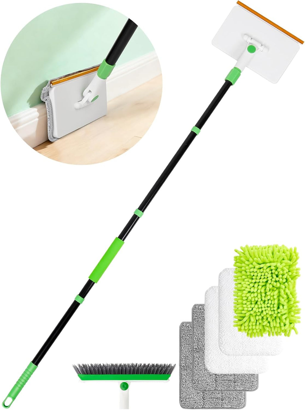 4-in-1 Baseboard Cleaning Tool with Extension Handle Baseboard Cleaning Brush 5 Reusable Pads 1 Stiff Bristle Brush Carpet Rake for Cleaning Baseboards Carpets Windows Walls Floors Bathrooms Kitchen