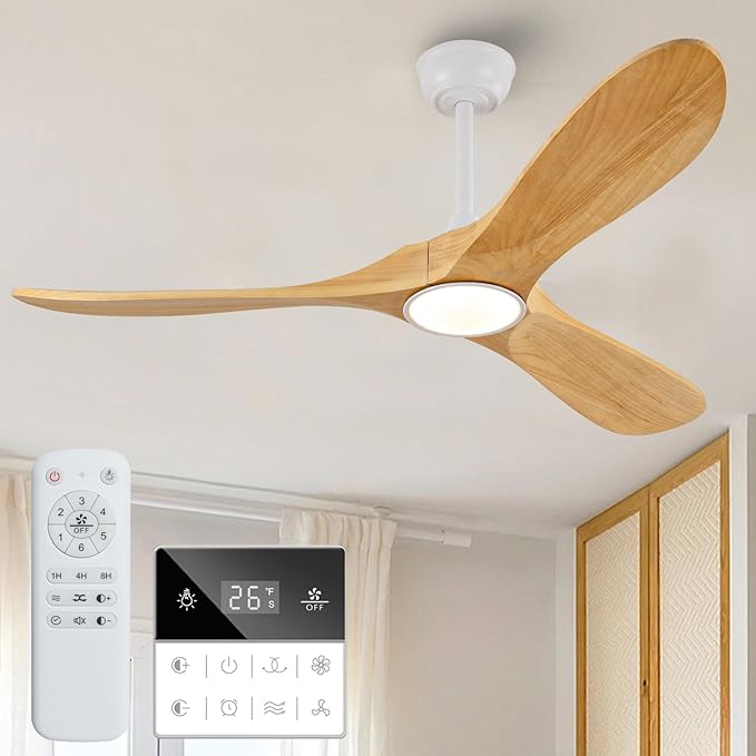52 inch Natural Wood Ceiling Fan with Light and Remote Control,Ceiling Fans with Lights, 3CCT, Dimmable, Quiet Reversible Motor, Modern Ceiling Fan for Bedroom Indoor/Outdoor Use