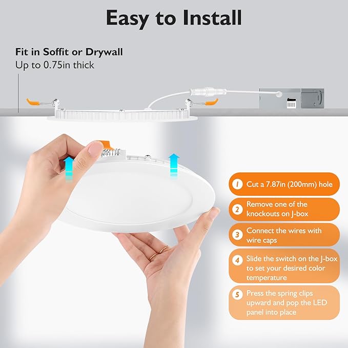 BesLowe 6 Packs 8 Inch 5CCT LED Recessed Ceiling Lights Ultra-Thin with Junction Box, 12W 150W Eqv, 3000K/3500K/4000K/5000K/6500K, 1200LM Dimmable Canless Downlights for Kitchen Hallway Dining Room