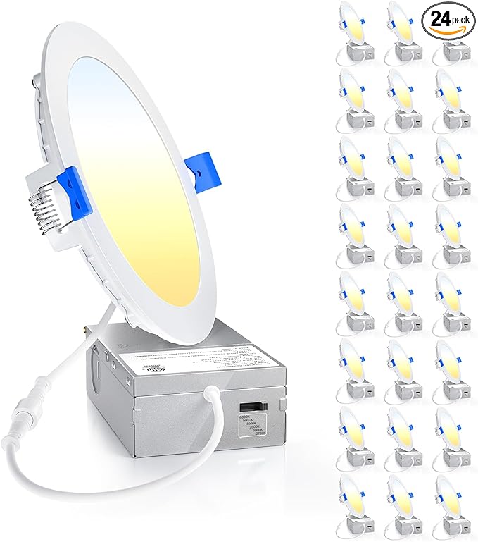 Ensenior 24 Pack 6 Inch LED Recessed Ceiling Light, Dimmable, 2700K-6000K 6CCT, 1050LM 12W 120V, High Brightness Canless Wafer Downlight - ETL&FCC&IC