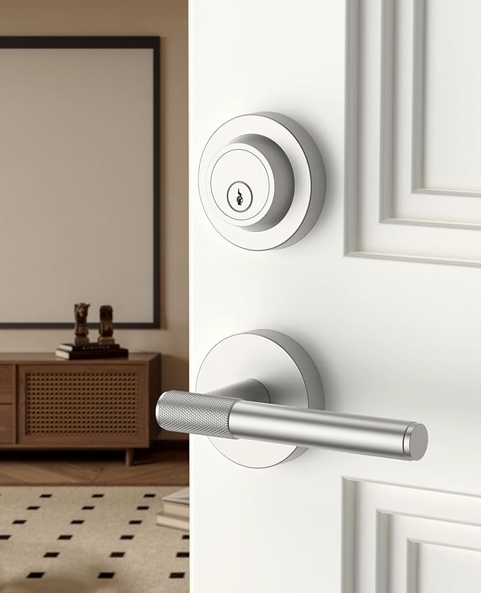 Asidrama Premium Satin Nickel Zinc-Alloy Front Door Lock Set: Double Cylinder Deadbolt, Heavy Duty Security Handleset for Left/Right Exterior Doors, Universal Entry Locks (2 Pack)