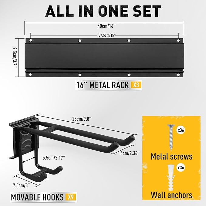 ELEAD 9-Pairs Heavy Duty Garage Tool Organizer Wall Mount Hooks, 48 Inches 730 lbs Garden Tool Organizer with Adjustable Hooks, Yard Tool Organizer for Garden, Yard, and Shed