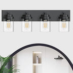 Bathroom Vanity Light Fixture with Clear Glass Shade, 4-Light Matte Black Bathroom Light Fixtures Over Mirror, Modern Vanity Lighting Fixtures for Bathroom/Living Room/Bedroom, E26 lamp Holder