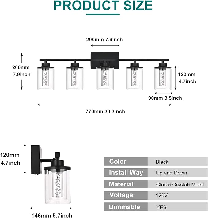 5-Light Black Bathroom Vanity Lights,Modern Wall Lamps for Bedroom,Dimmable Led Vanity Lighting for Bathroom Mirror,5CCT LED Wall Sconces Light Fixtures with Clear Glass Shade