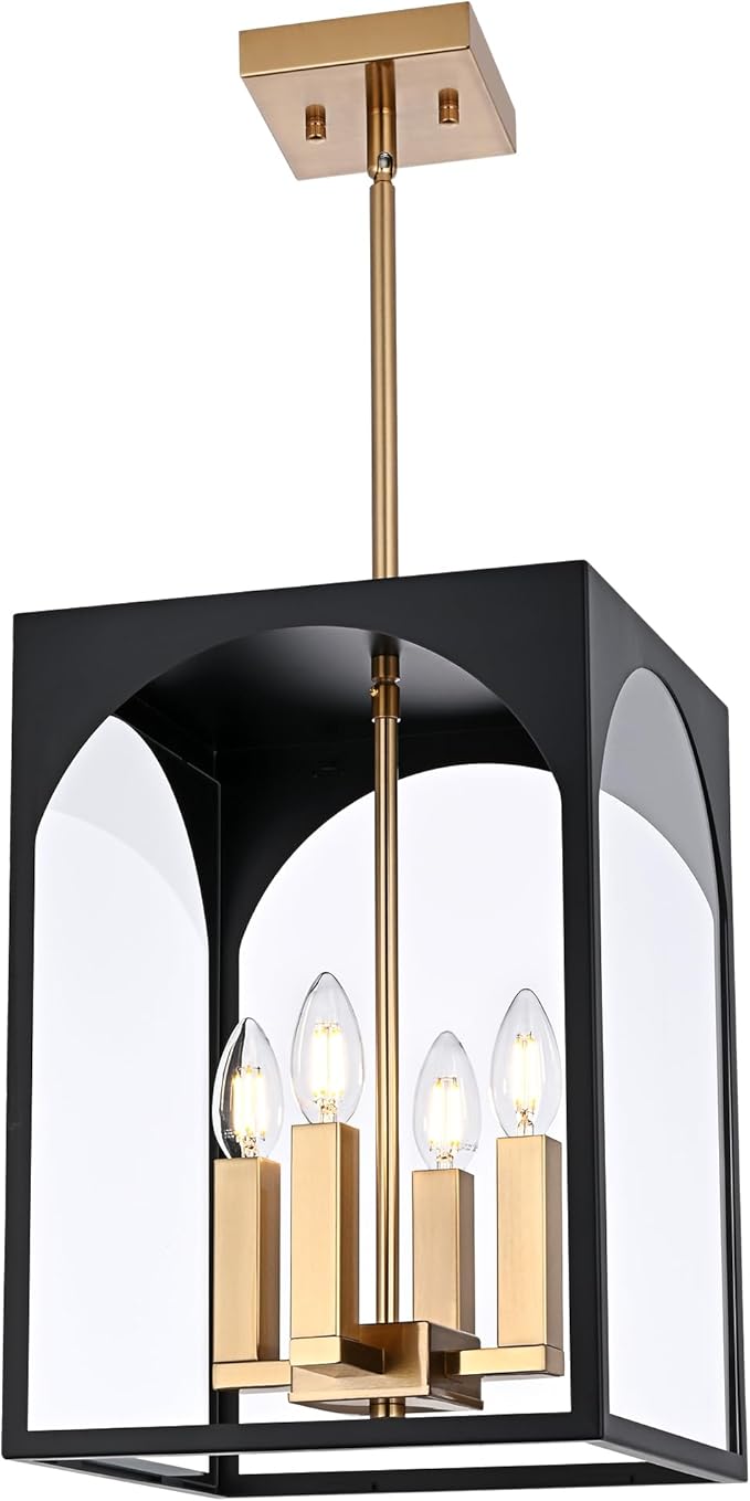 VINLUZ Outdoor 4 Lights in Black and Brushed Brass Finish, Metal Indoor Outdoor Pendant Hanging Lantern Lighting with Clear Glass Shade for Balcony Dining Room