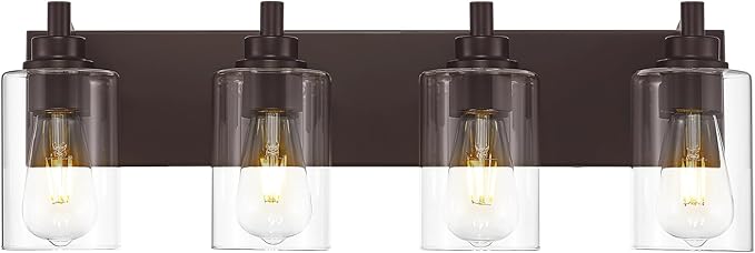 4-Light Bathroom Light Fixtures, 24.5 Inch Oil Rubbed Bronze Vanity Lights with Cylinder Clear Glass Shade, Modern Vanity Lighting Fixtures Over Mirror, VL143-ORB-4