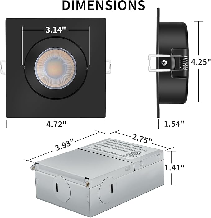 Black Recessed Lighting Square 4 inch 6 Pack,Canless Gimbal Recessed Lights,dimmable, 5CCT Selectable,9W 750LM