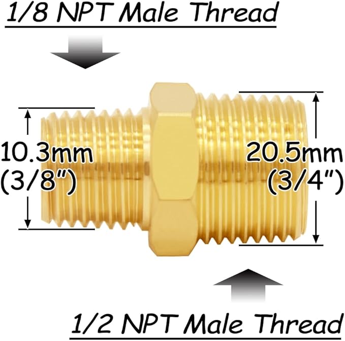3PCS Brass Reducer Adapter, 1/8" NPT Male to 1/2" NPT Male Thread, Hex Reducing Pipe Fitting Coupler Nipple Connector for Water/Oil/Gas